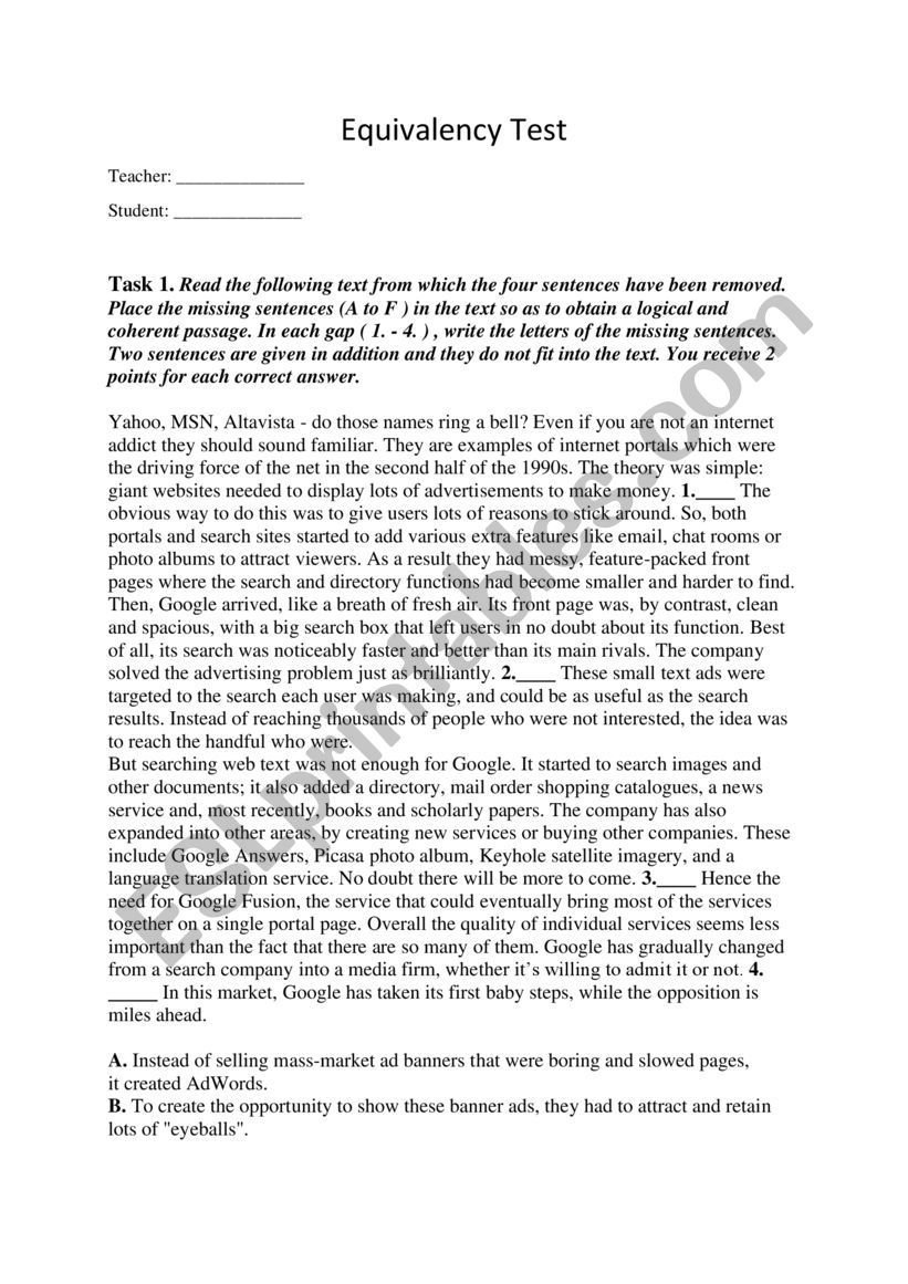 Equivalency test worksheet