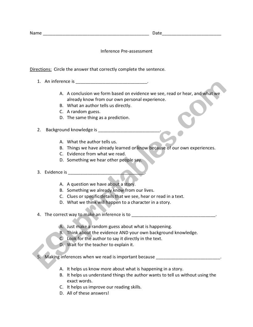 Inference PreAssessment worksheet