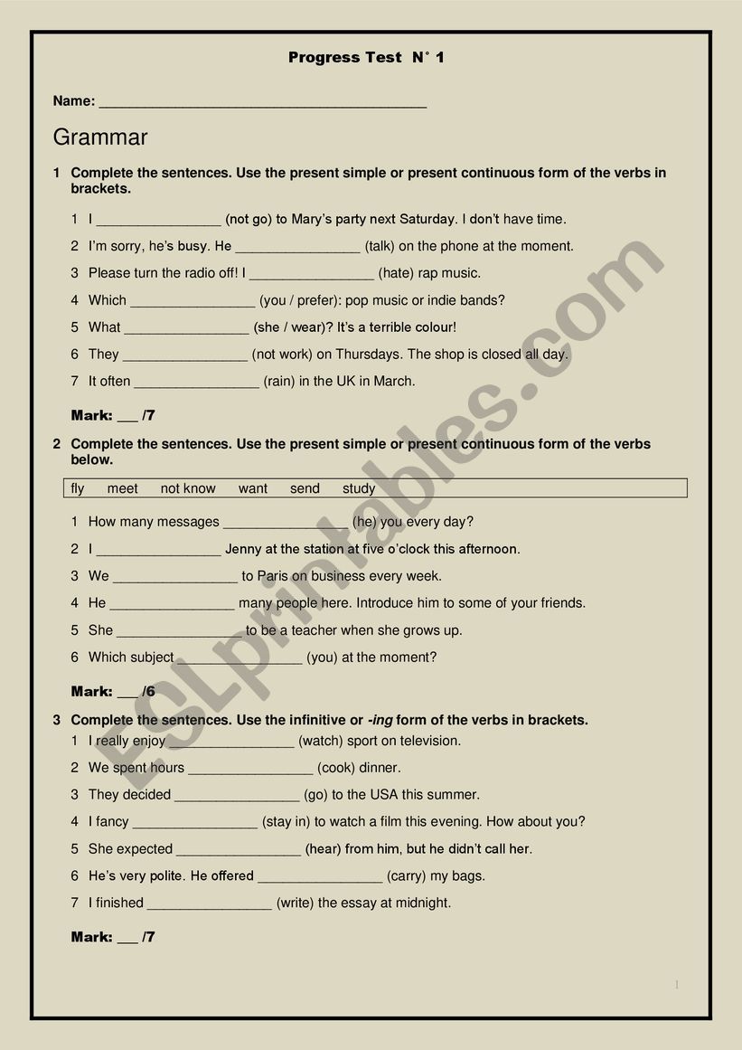 PROGRESS TEST worksheet