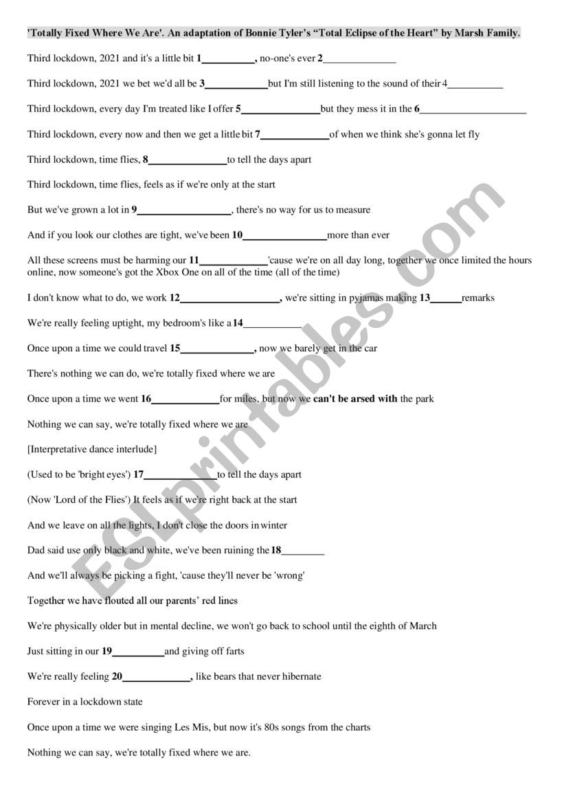 Ã¯Â¿Â½Totally fixed where we areÃ¯Â¿Â½ (adaptation of Bonnie TylerÃ¯Â¿Â½s Total Eclipse of the Heart)