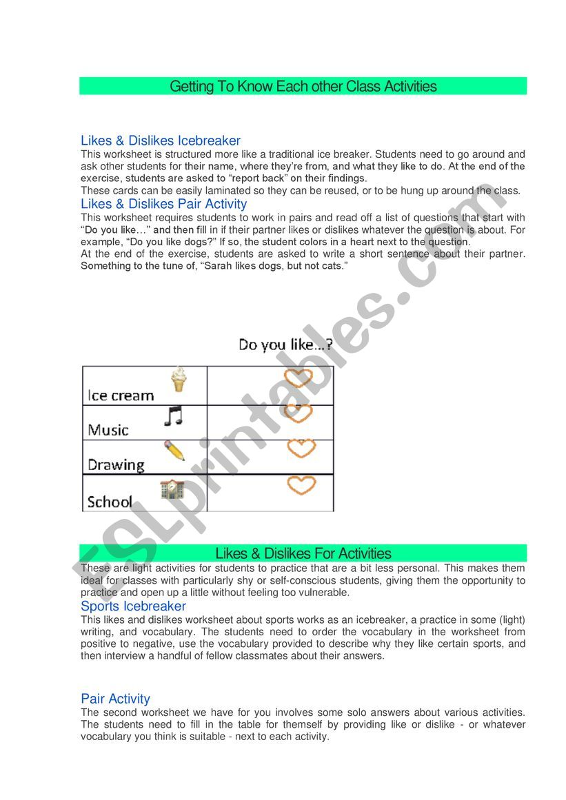 Activities in the class worksheet