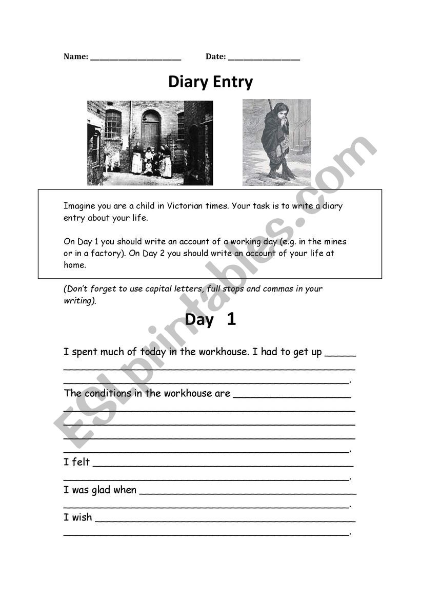 Victorian Diary Entry worksheet