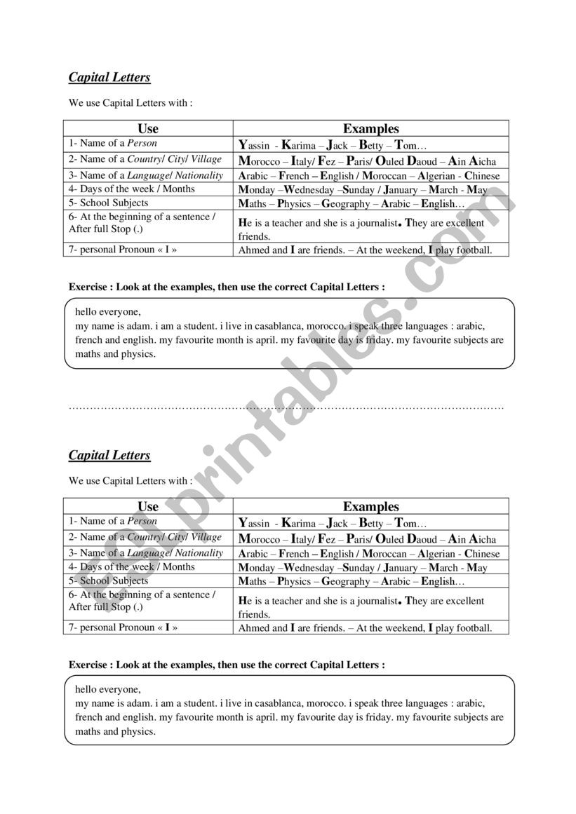 Capital Letters  worksheet