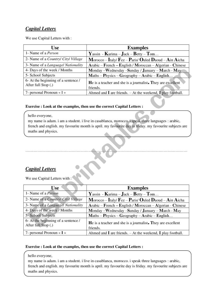 Capital Letters  worksheet