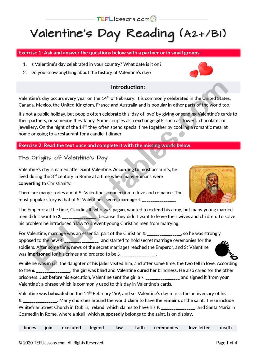 Valentines Day Reading worksheet