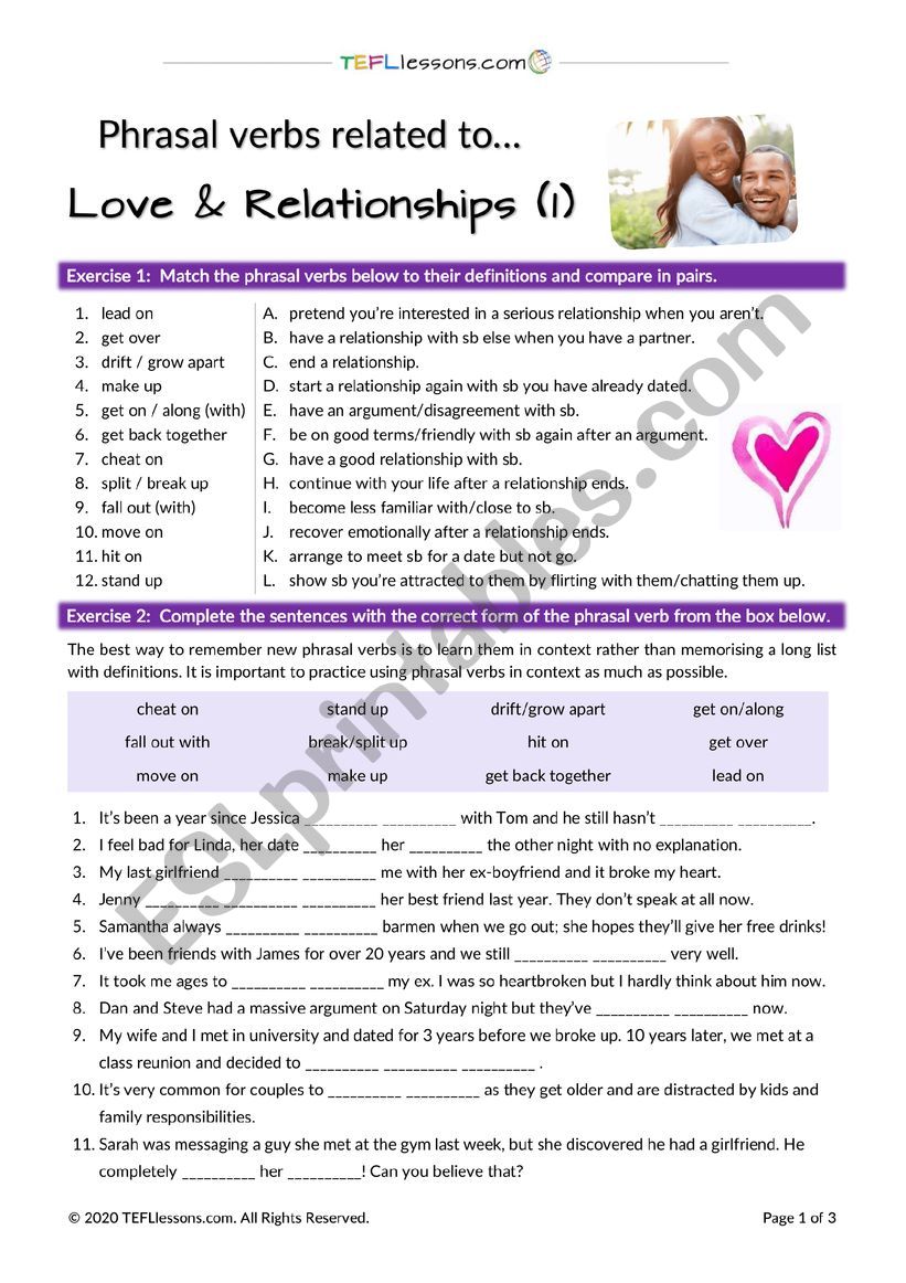 Love And Relationships Phrasal Verbs ESL Worksheet By TEFL Lessons