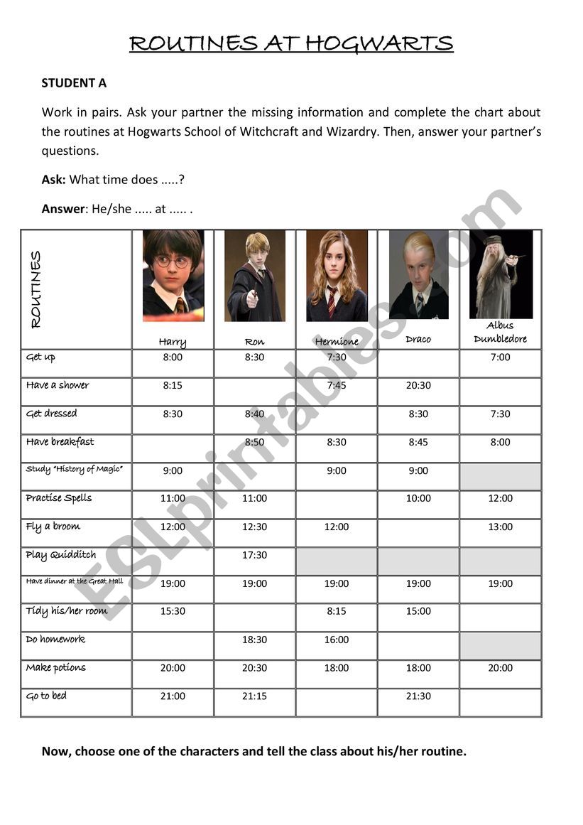 Routines at Hogwarts worksheet