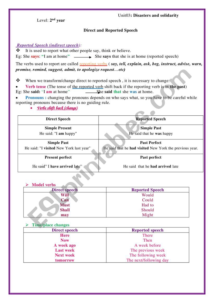 THE REPORTED SPEECH worksheet