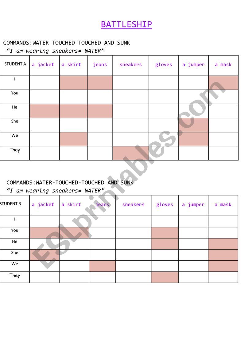 Clothing-battleship worksheet