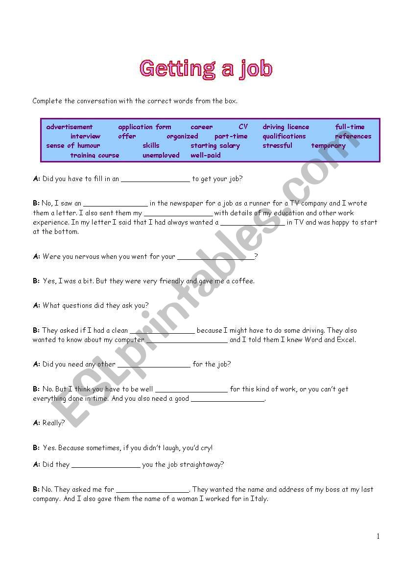 getting a job_vocabulary worksheet