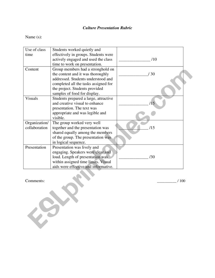 Cultural Day Rubric worksheet