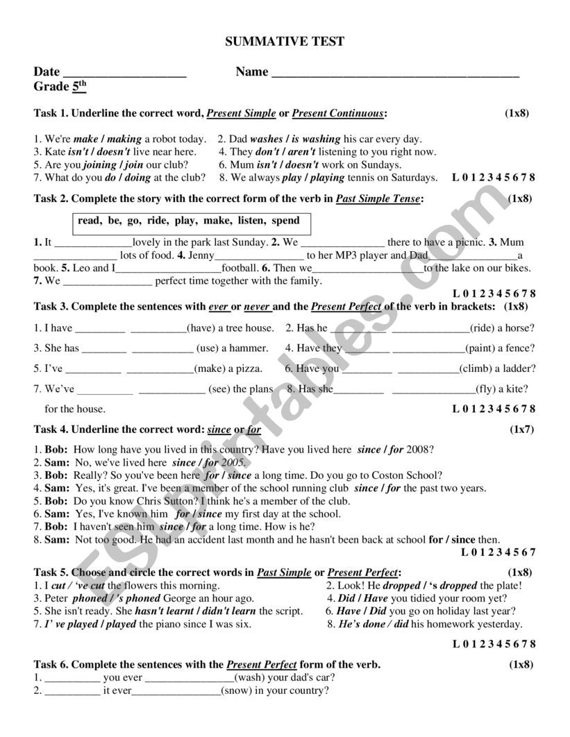 SUMMATIVE EVALUATION worksheet