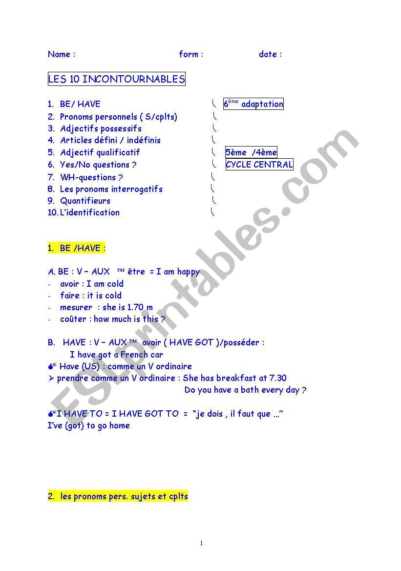 les 10 incontournables  worksheet