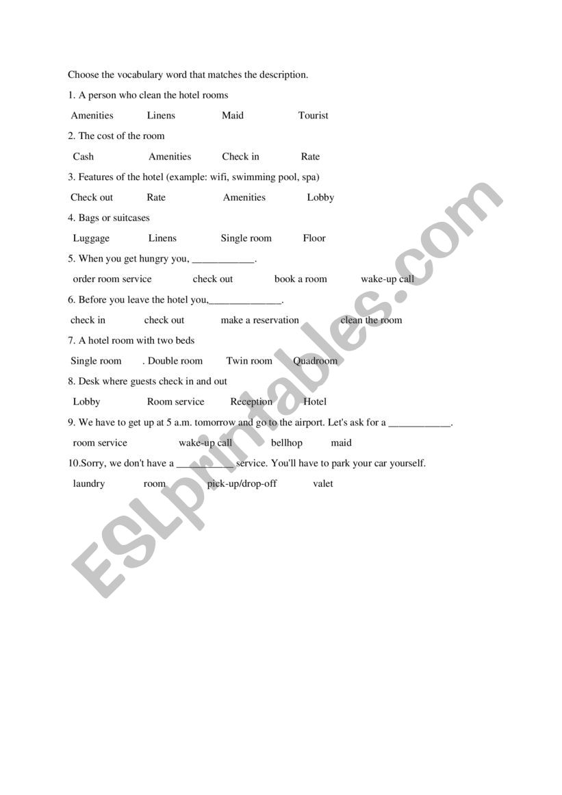 Hotel Vocabulary worksheet