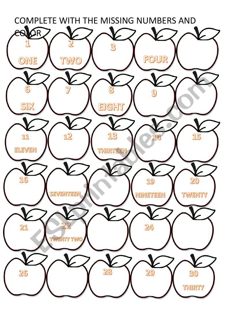 COMPLETE THE NUMBERS 1 TO 30  worksheet