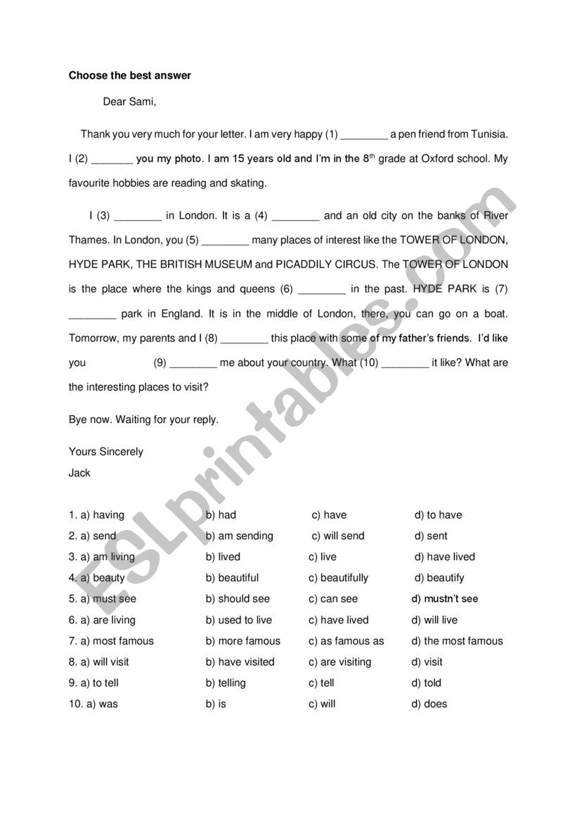 verb tenses-multiple choice worksheet