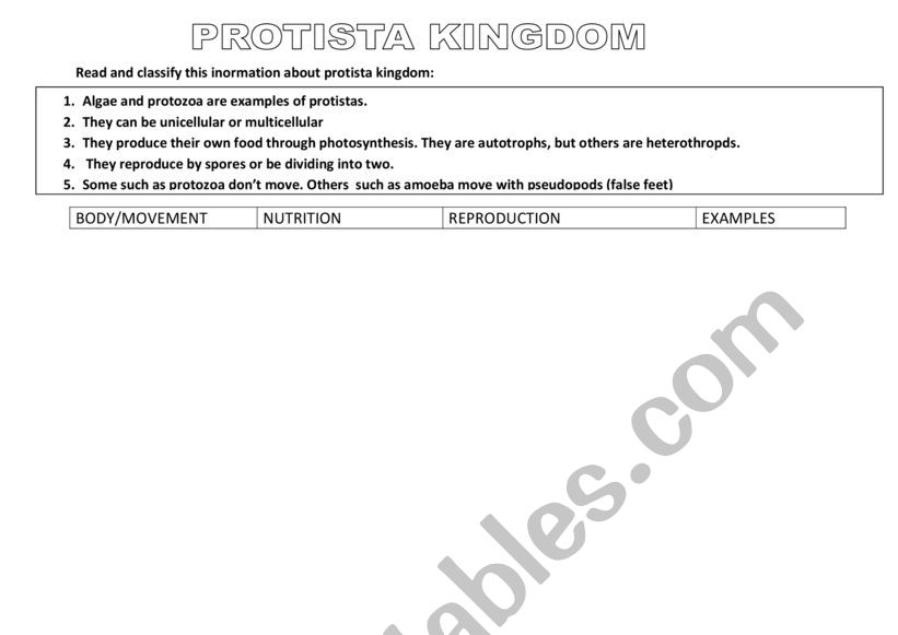 PROTISTA KINGDOM worksheet