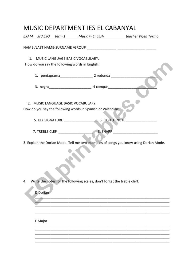 CLIL EXAM MUSIC grade 9 3ESO worksheet