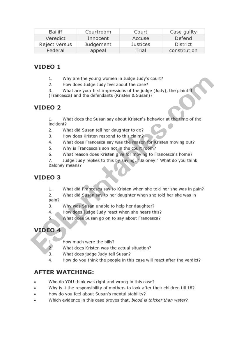 JUDGE JUDY worksheet