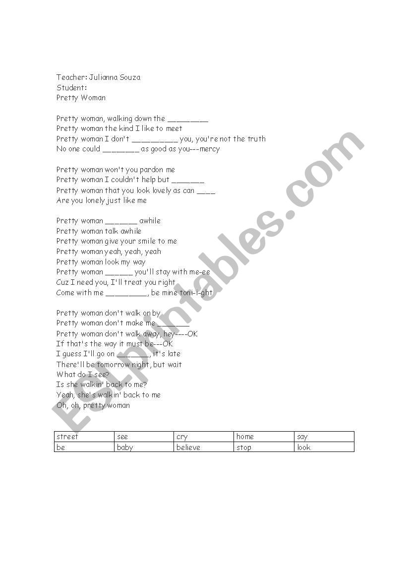 Song activity Pretty Woman worksheet