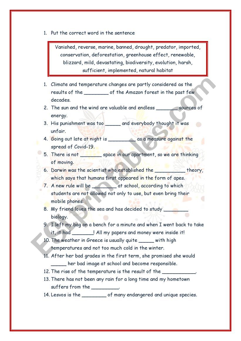 Environmental Vocabulary worksheet