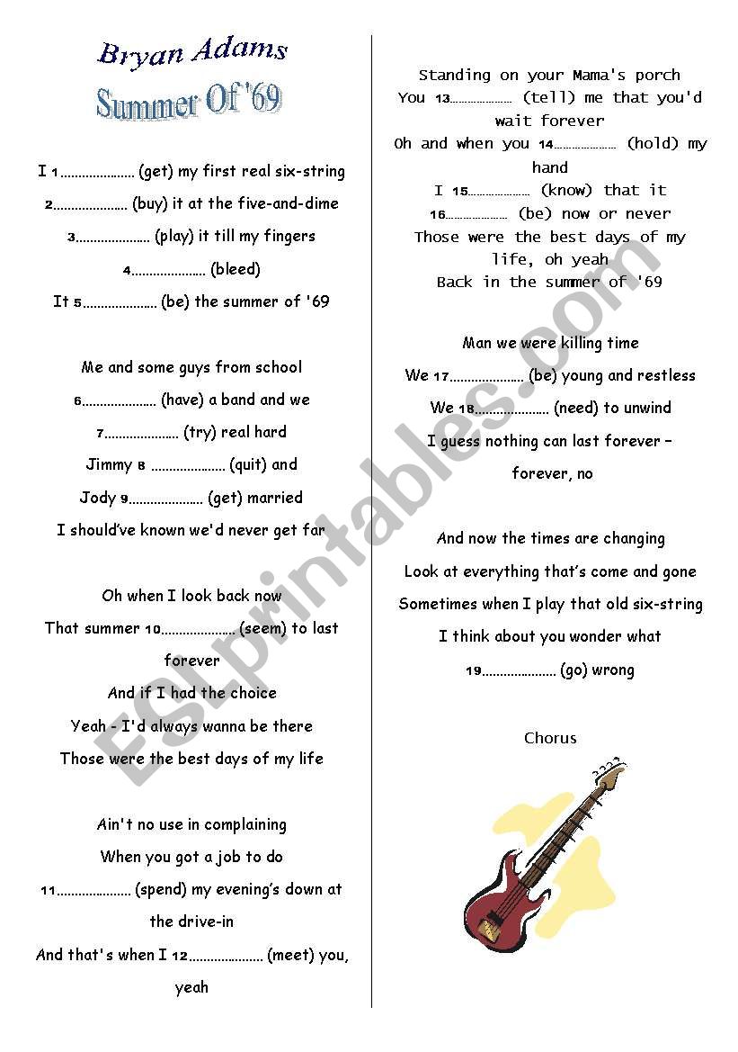 Summer of 69 br Bryan Adams worksheet