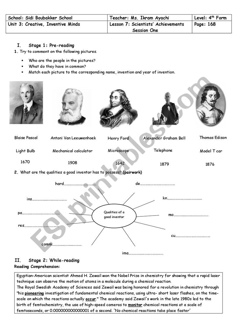 4th Form - Unit 3 - Lesson n° 7 - Scientists´ Achievements