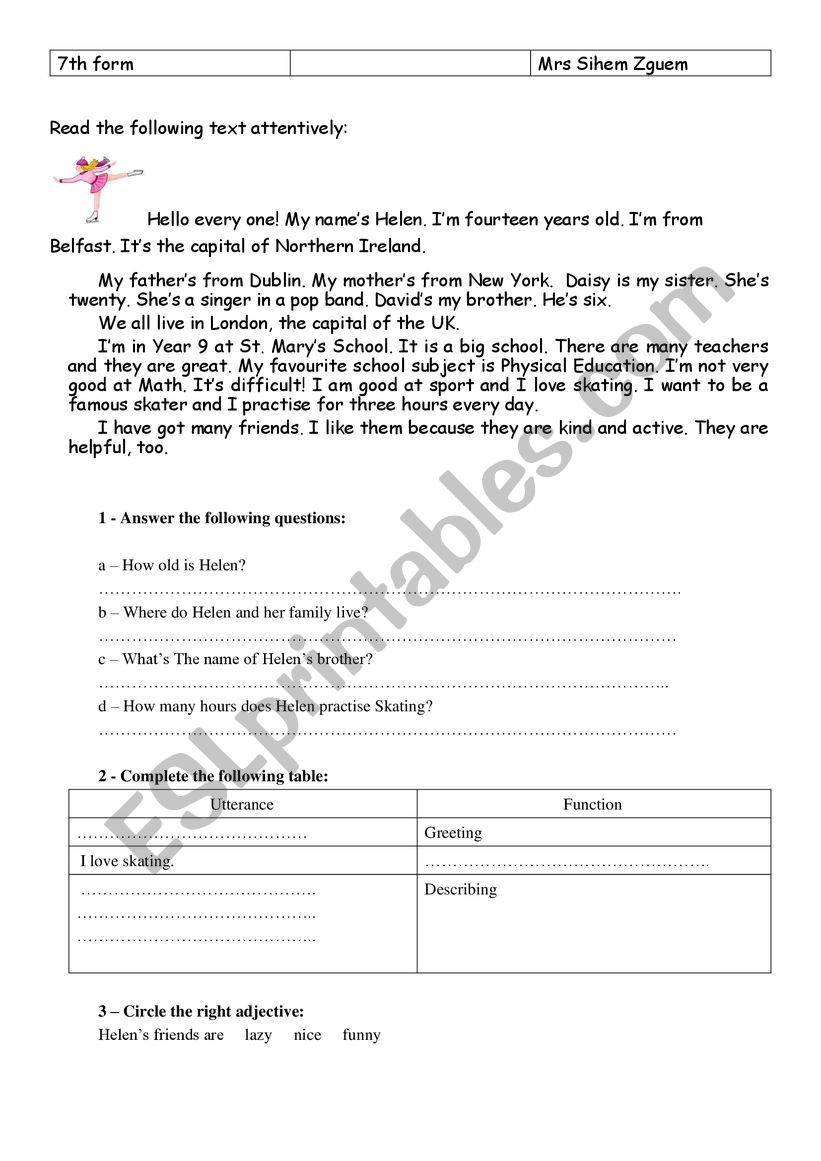 Aly�s friend worksheet