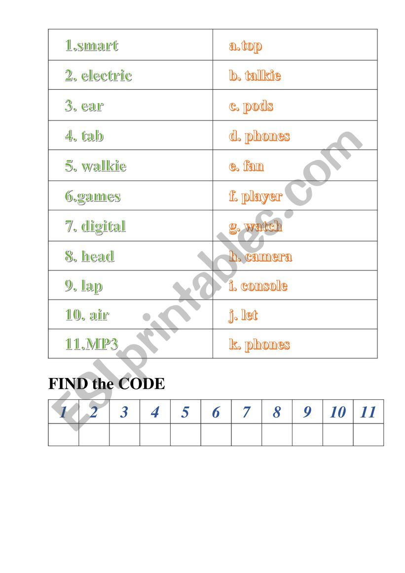 gadgets (matching cards) worksheet