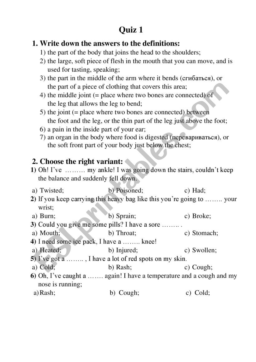 Illnesses and injuries worksheet