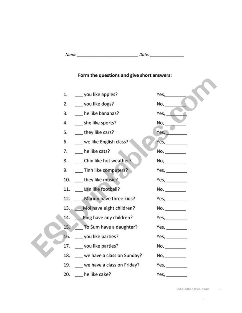 DO or Does worksheet