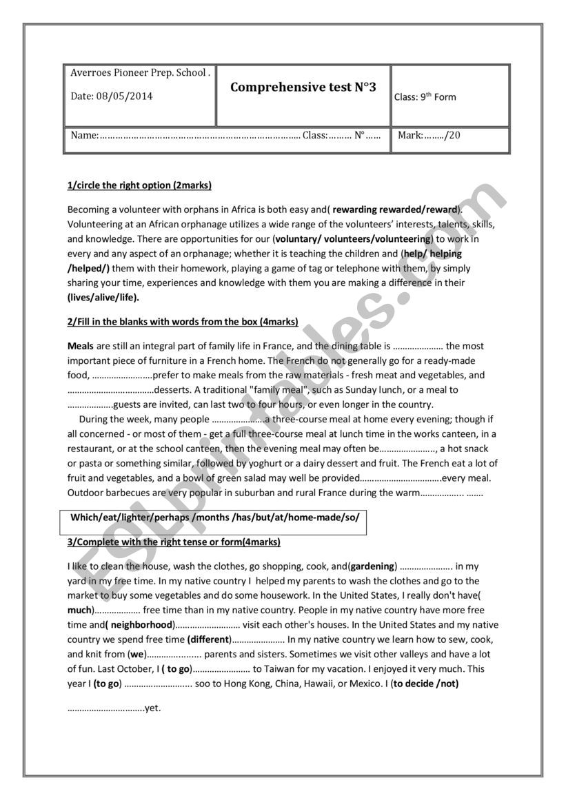 End of Term Test 3 (9th Form) worksheet