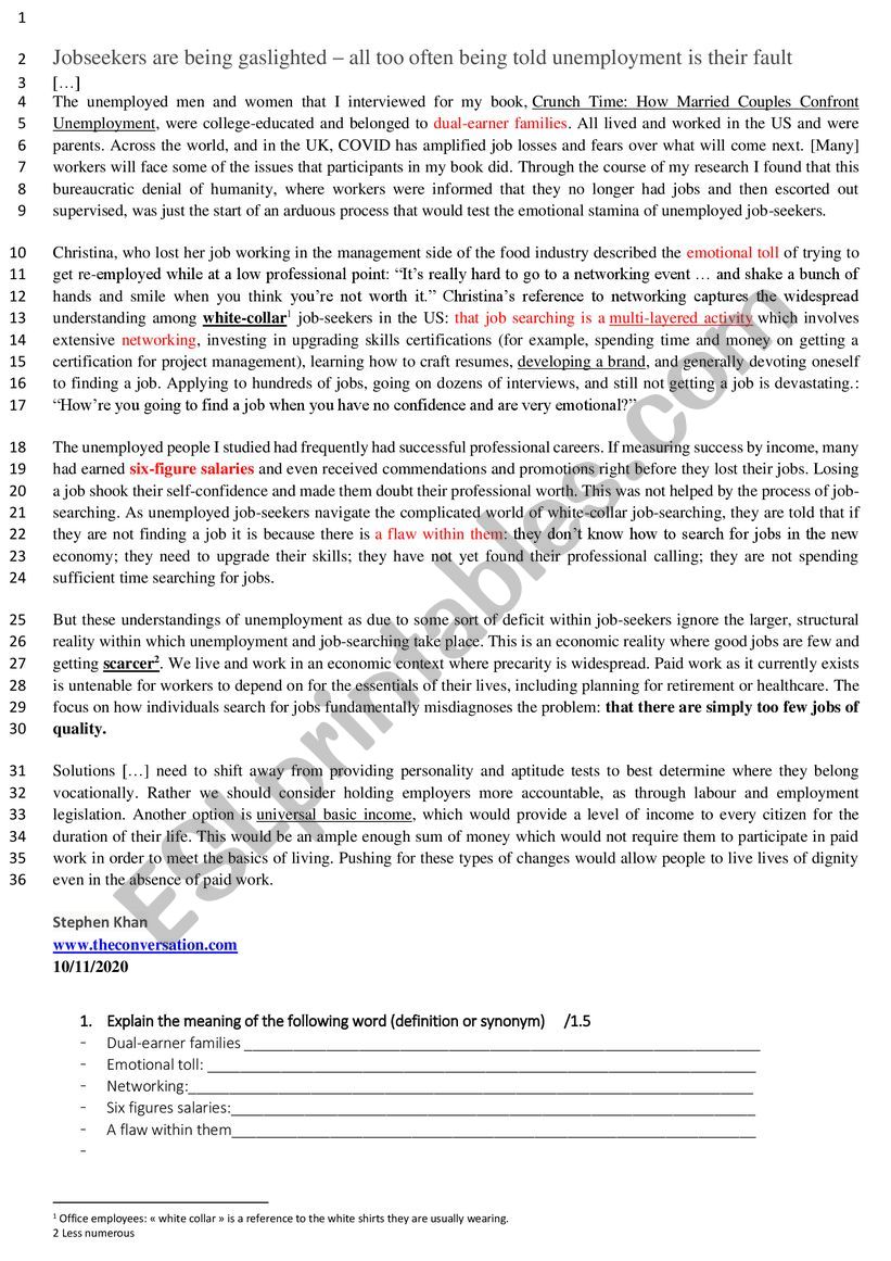 Jobseekers (reading exercise) worksheet