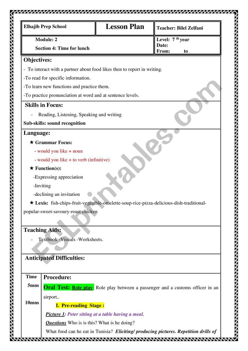 Time for lunch lesson plan and worksheet