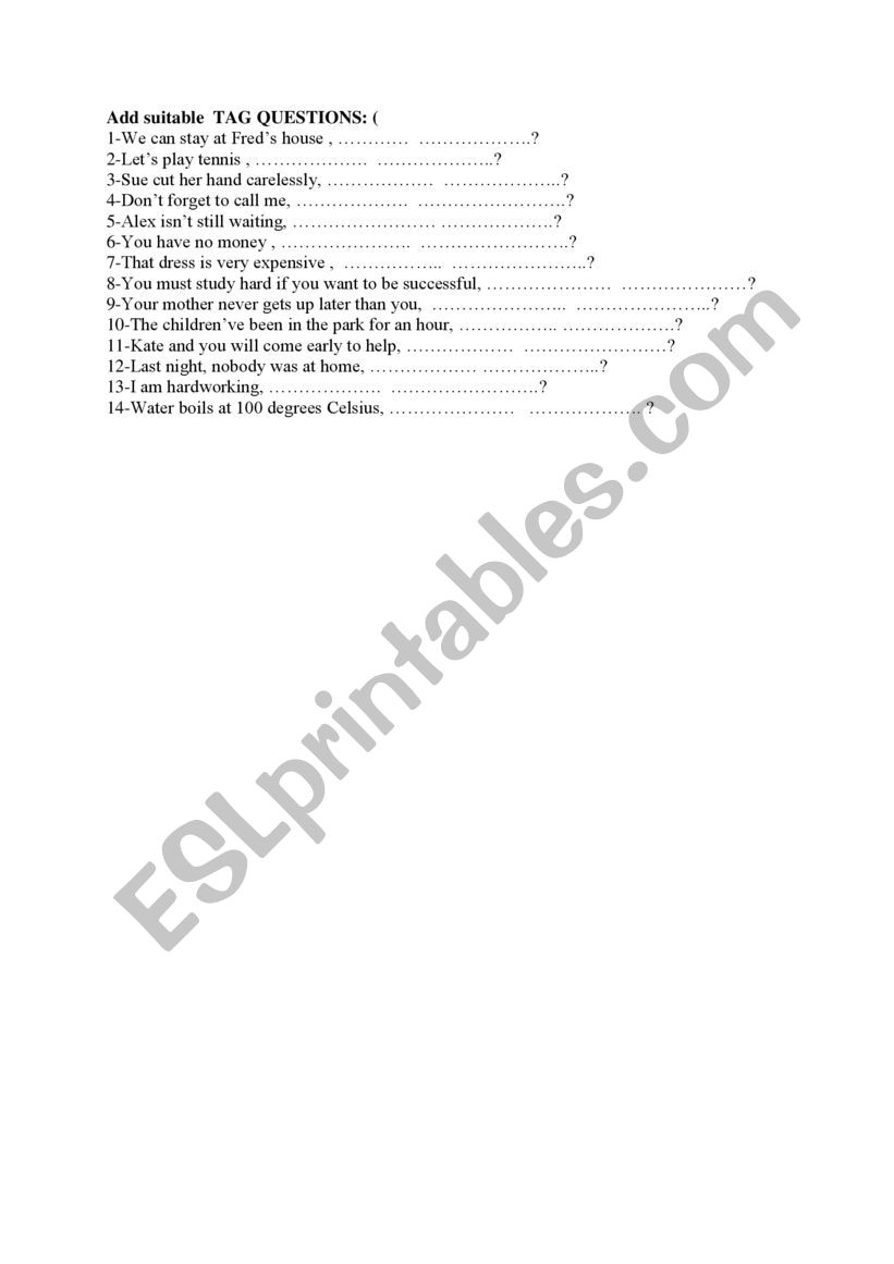 Add Suitable tag Questions worksheet