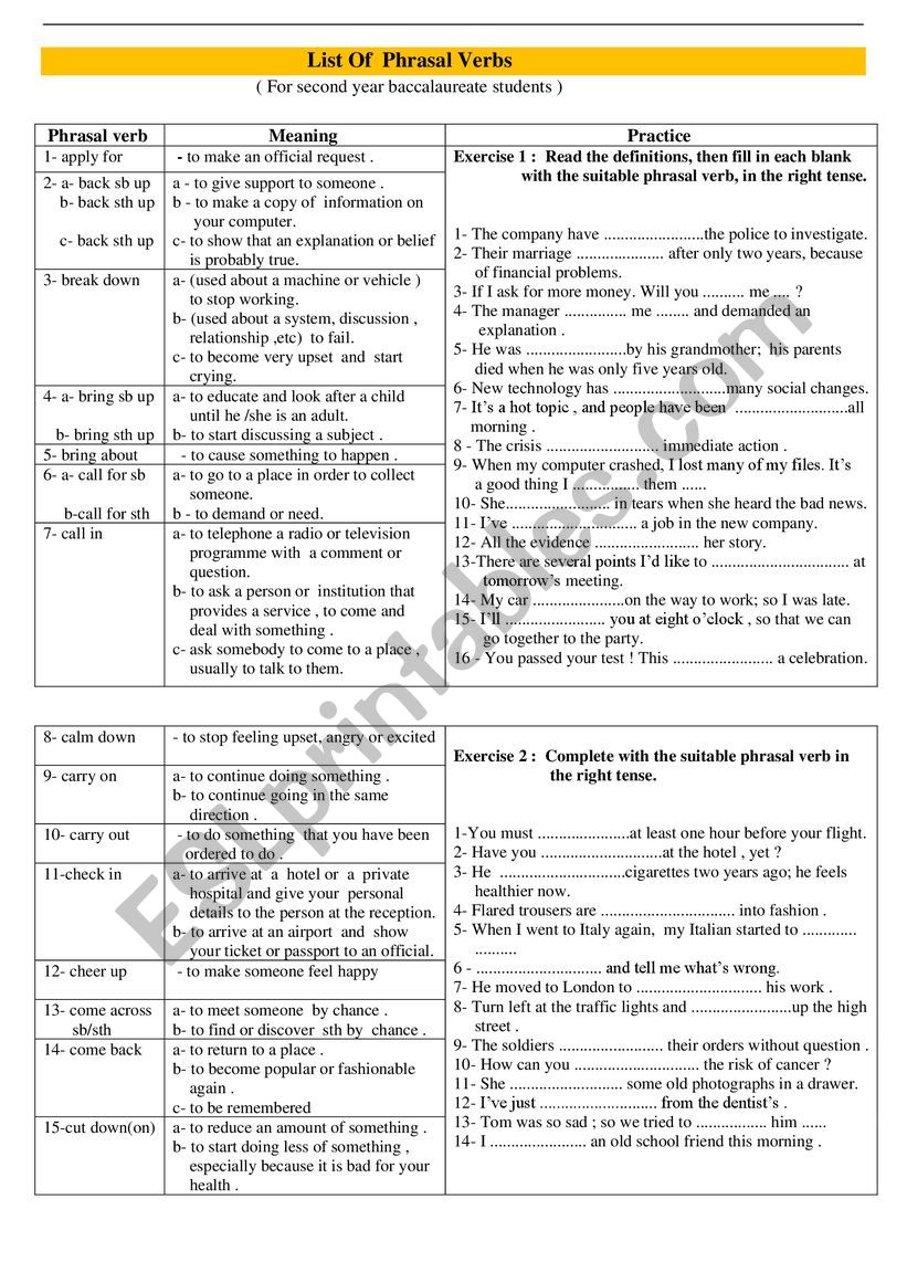 List of Phrasal Verbs  worksheet