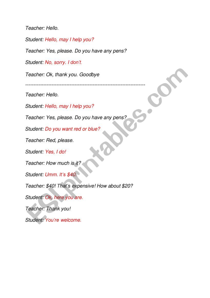 dialogue shopping worksheet