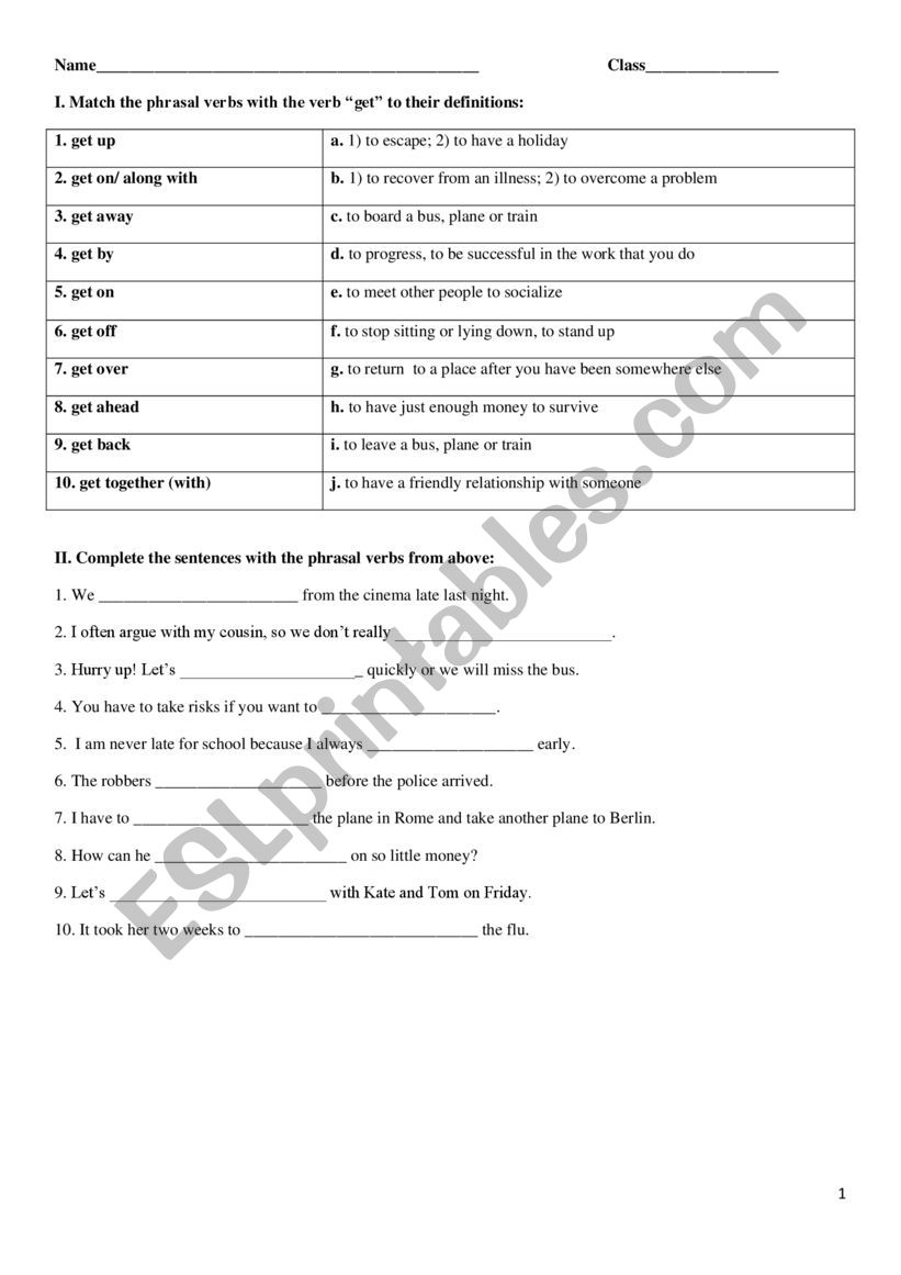 Phrasal Verbs Get worksheet