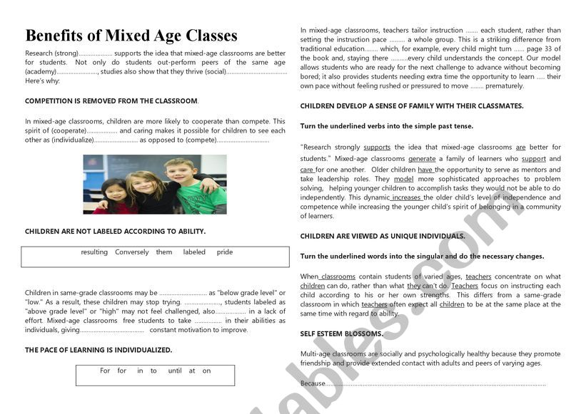 Benefits of Mixed Age Classes worksheet