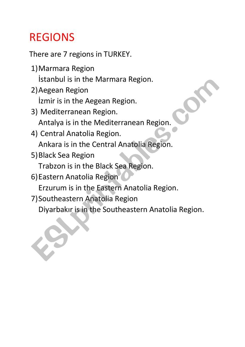 Regions Of TURKEY worksheet