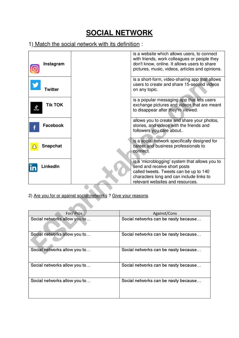 Social networks worksheet