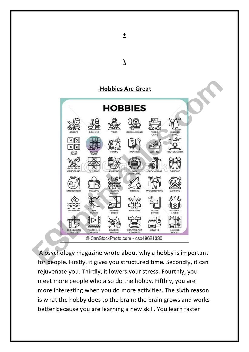 Hobbies worksheet