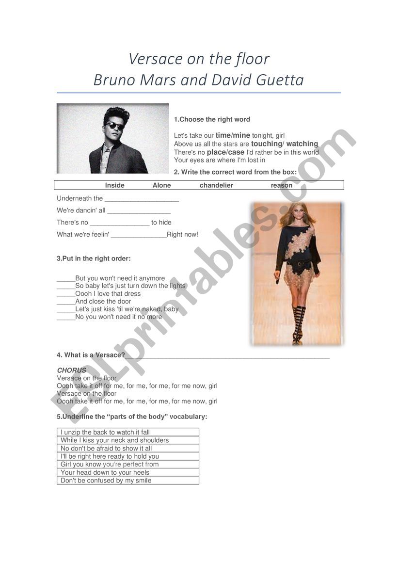 Versace on the floor song worksheet