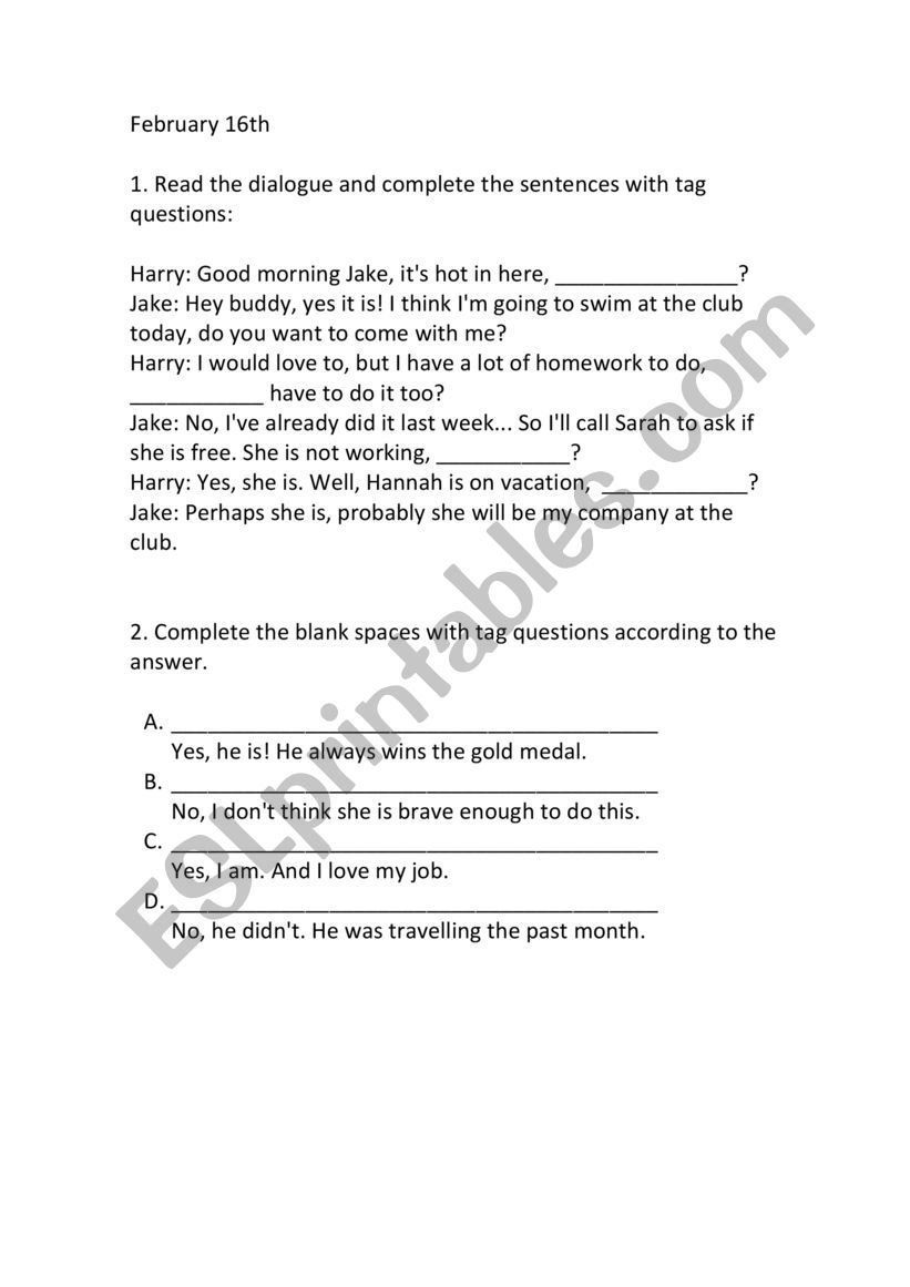 Tag questions  worksheet