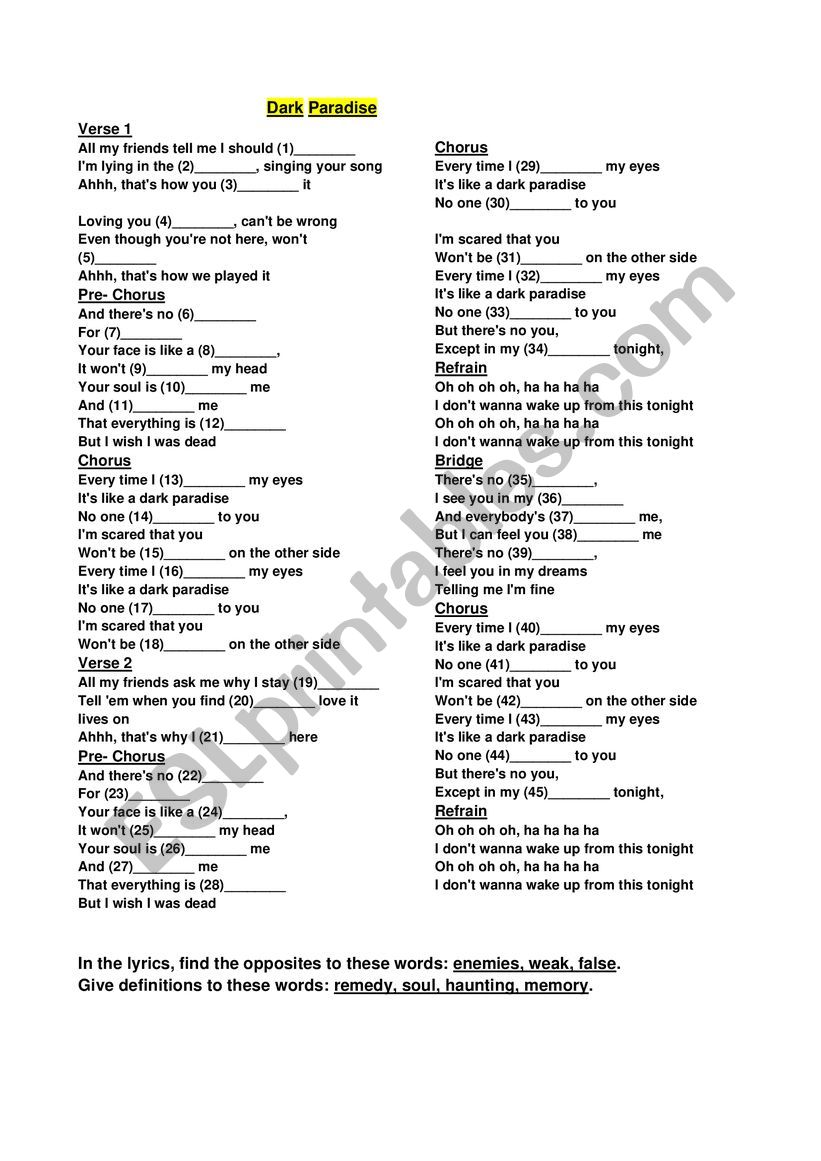 Dark paradise by Lana del Rey song worksheet