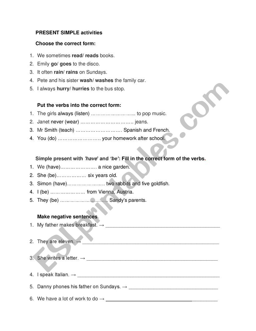 Present Simple activities worksheet