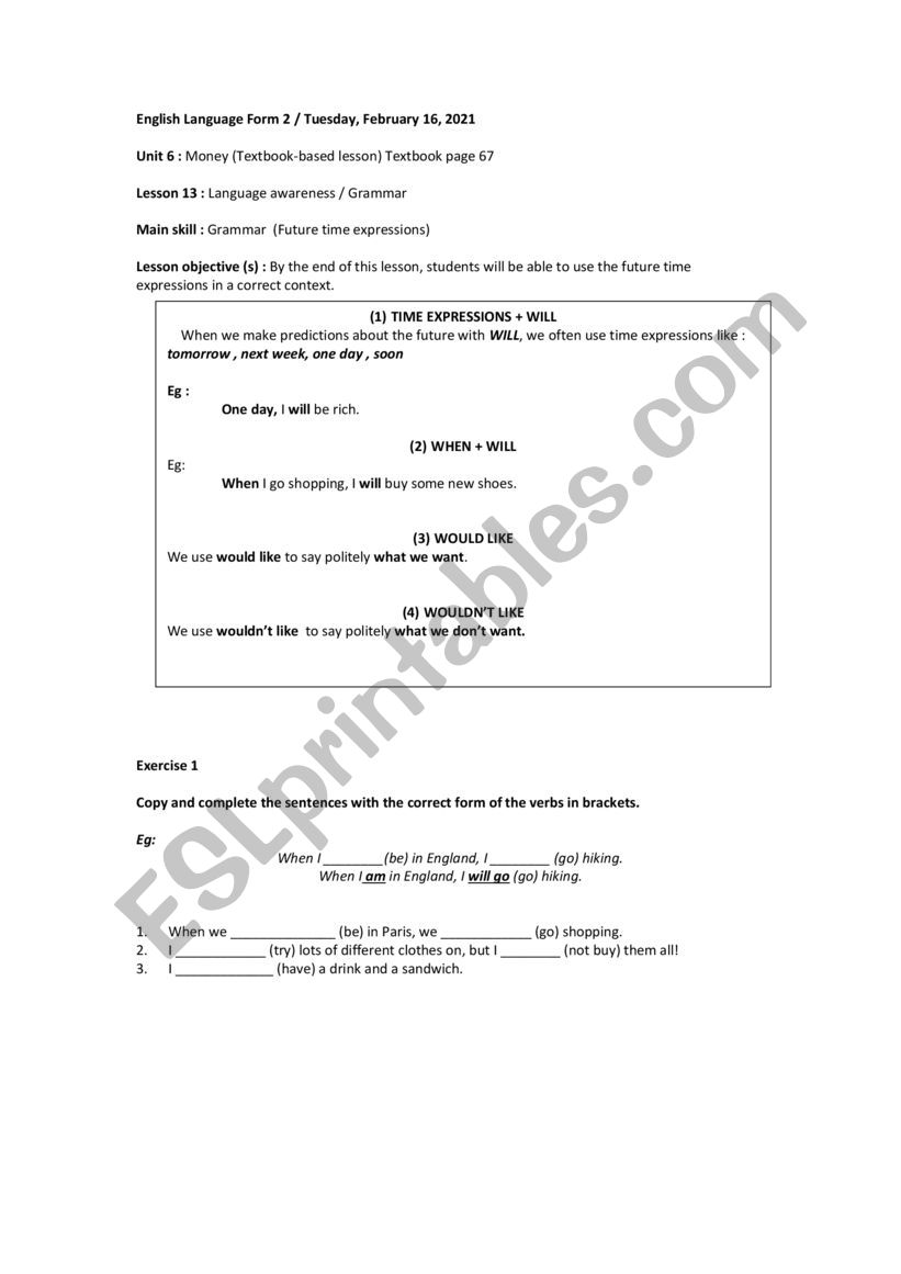 FUTURE TIME EXPRESSIONS worksheet