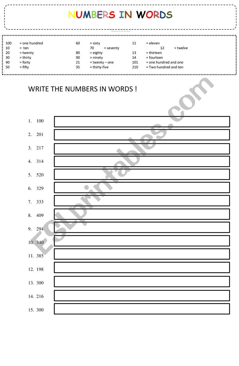 number in words worksheet