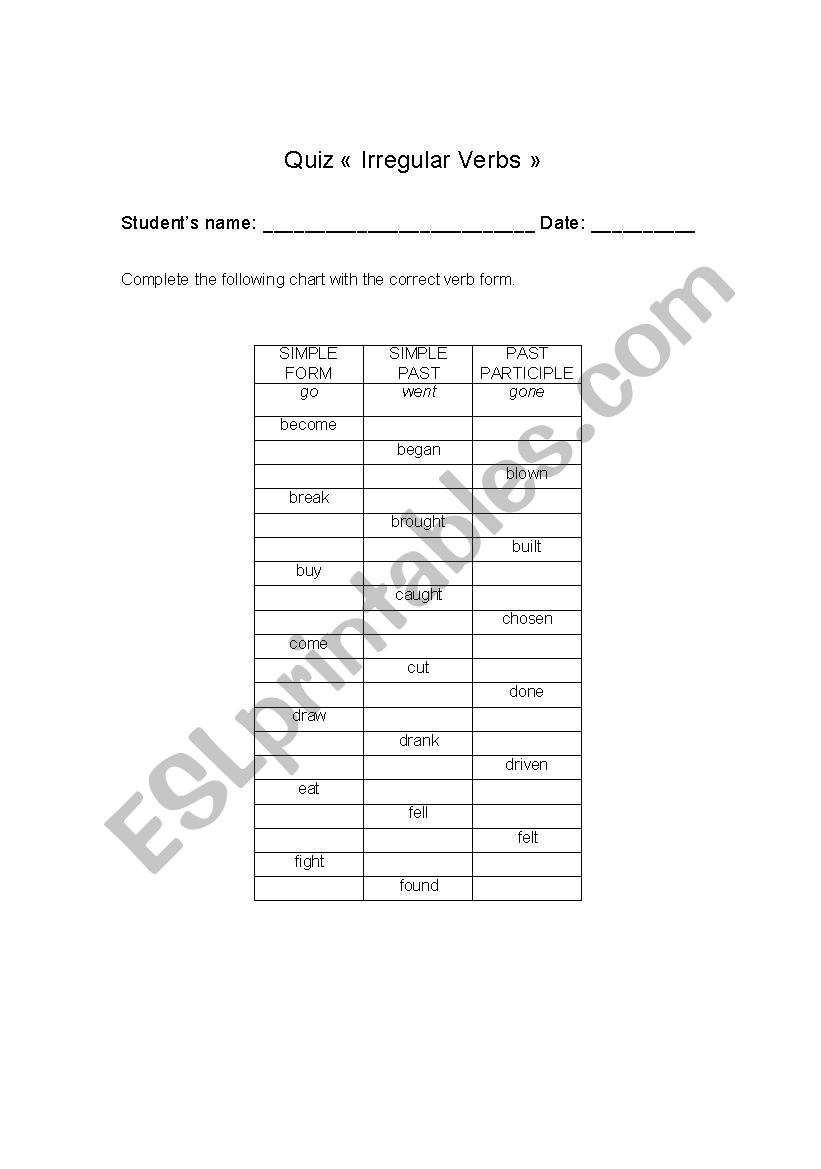 Irregular Verbs Quiz (B to F) worksheet