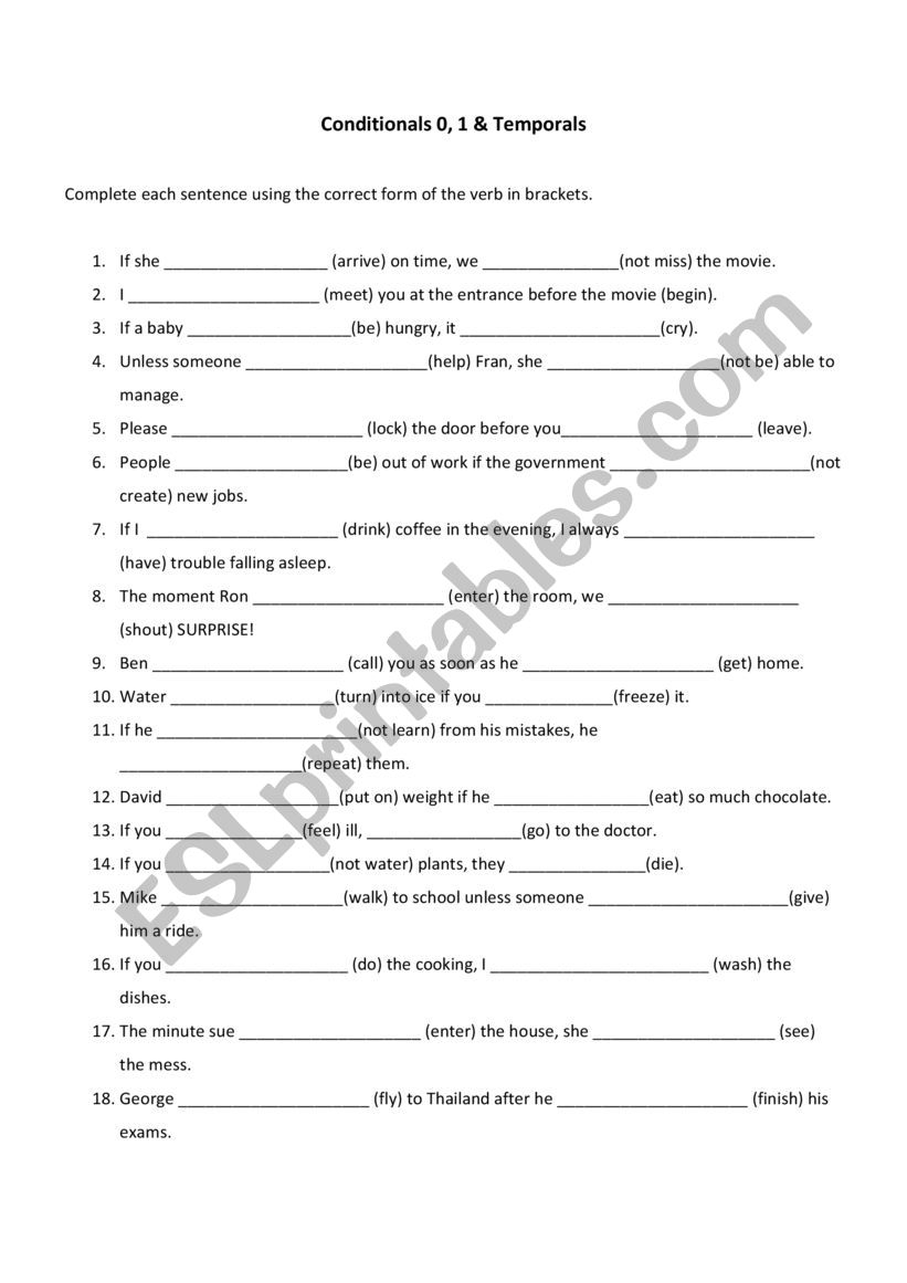 Conditionals 0, 1 & Temporals worksheet